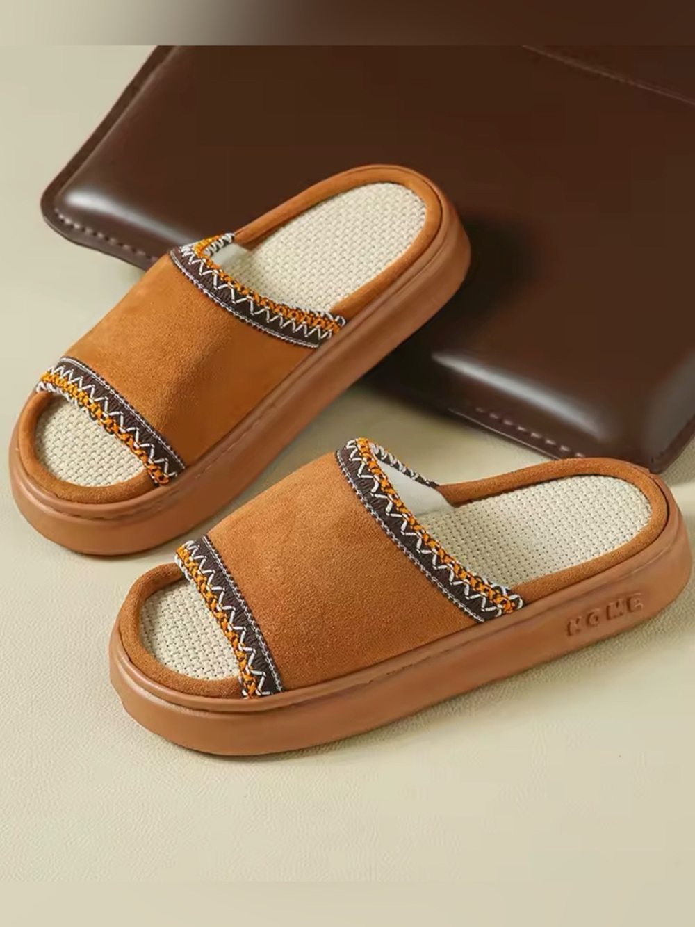 Cozy Linen Memory Foam House Slippers | Soft Open Toe Indoor Slides | Brown